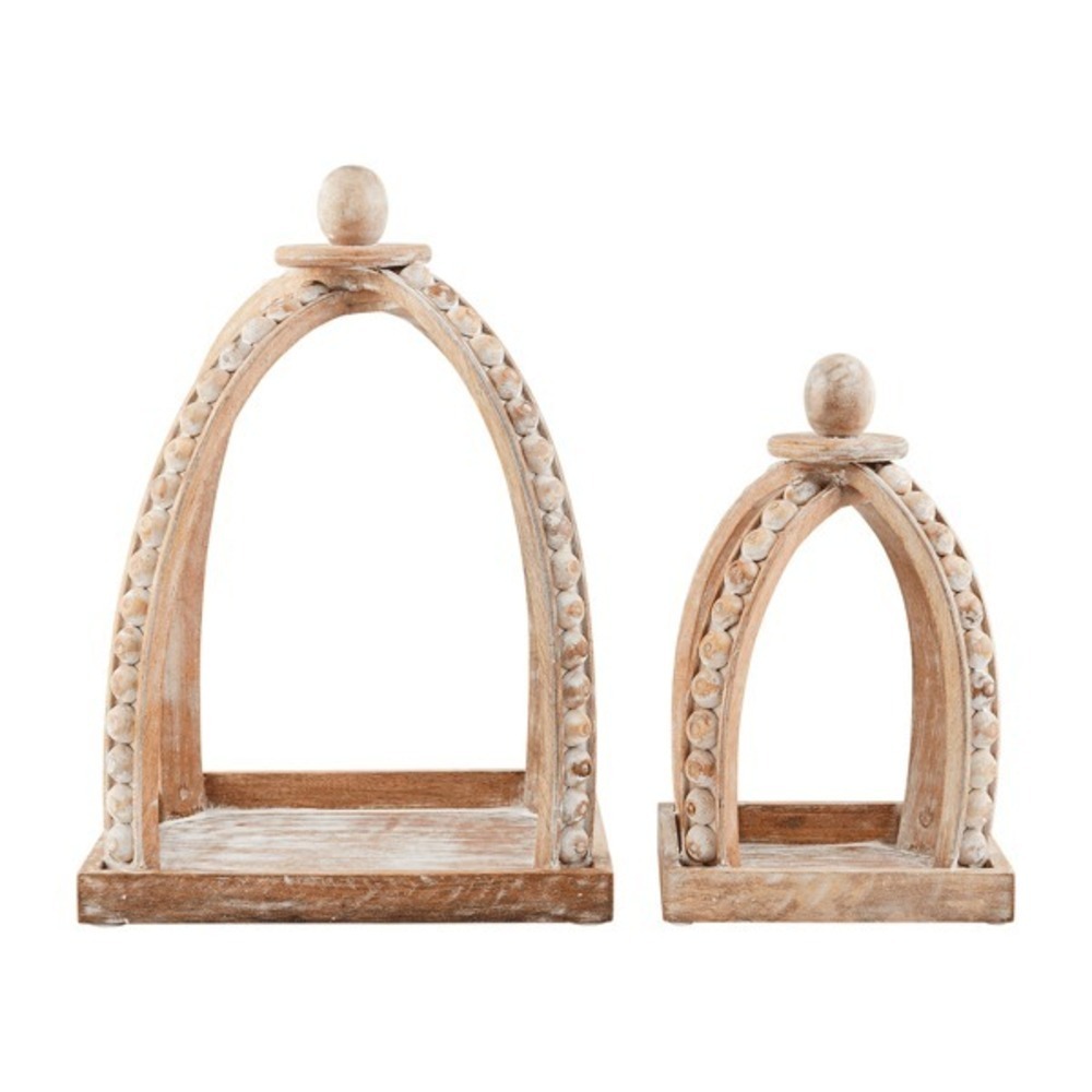 Mud Pie Beaded Lantern Set White Washed Brown Mango Wood 9" & 13"